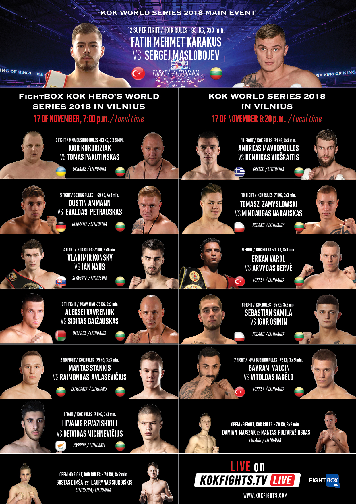 KOK Hero’s Series and KOK World GP in Lithuania- OFFICIAL FIGHT CARD !